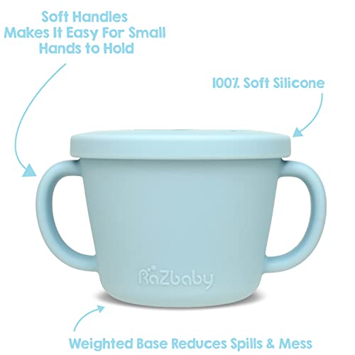 RaZbaby Oso-Snack | 100% Silicone Snack Cup 6m+ | Spill Proof Food Container for Toddler and Baby | Removeable Lid | Easy to Clean | BPA-Free | Dishwasher Safe (Blue)