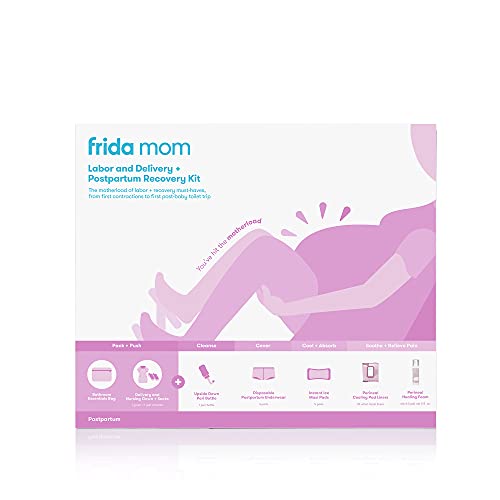 Frida Mom Hospital Packing Kit for Labor, Delivery, & Postpartum | Nursing Gown, Socks, Peri Bottle, Disposable Underwear, Ice Maxi Pads, Pad Liners, Perineal Foam, Toiletry Bag (15 Piece Gift Set)
