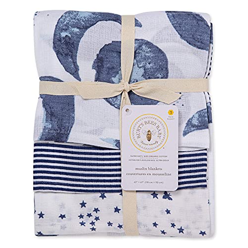 Burt's Bees Baby Swaddles, Muslin Cotton Blankets, Multipurpose Lightweight & Breathable 100% Organic Cotton, Hello Moon, Pack of 3